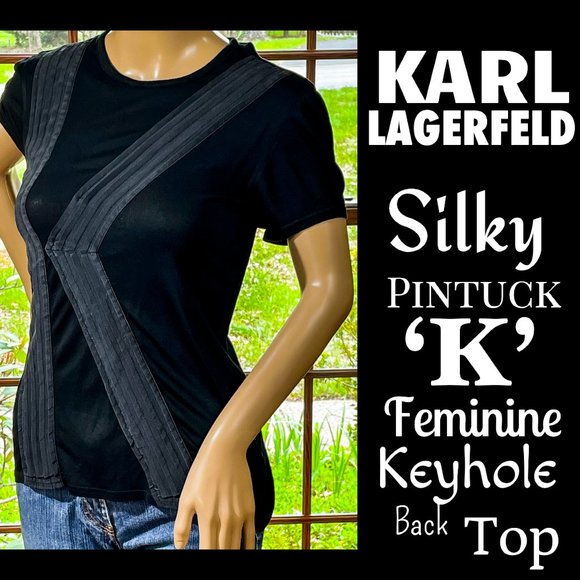 ▪️KARL LAGERFELD▪️Black Silky Pintuck Pleated 'K' Feminine Keyhole Back Tee Top - Picture 1 of 6